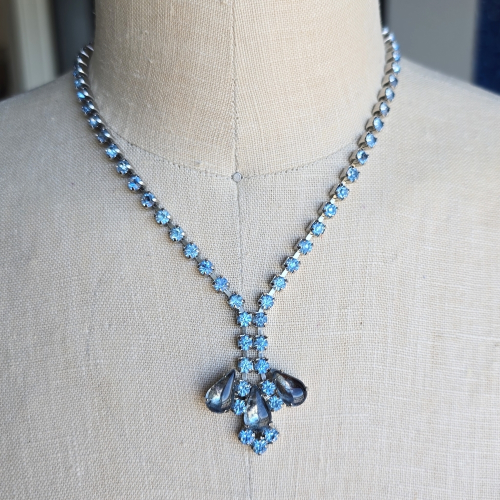 Vintage Blue Rhinestone Choker Necklace 15" Bridal Teardrop Cabochon